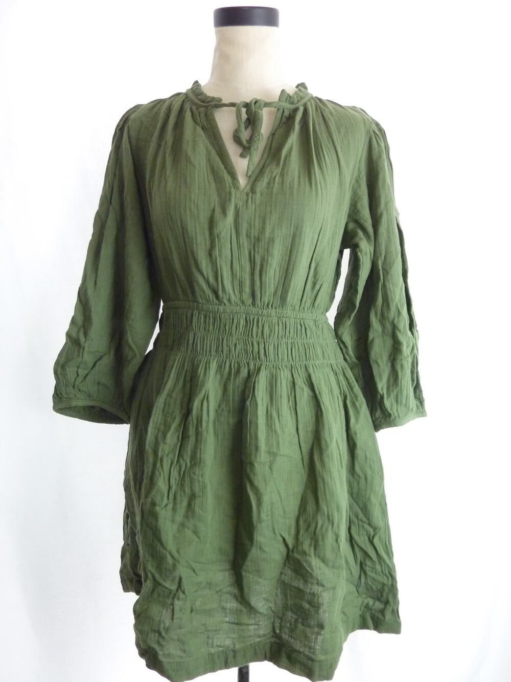 Gap NWT Womens Puff Sleeve Tie Front Mini Dress Medium 100 Cotton Green Summer